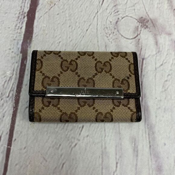 GUCCI Brown Canvas Leather Bifold 6 Key Wallet Purse Coin Case Italy 112664.0416